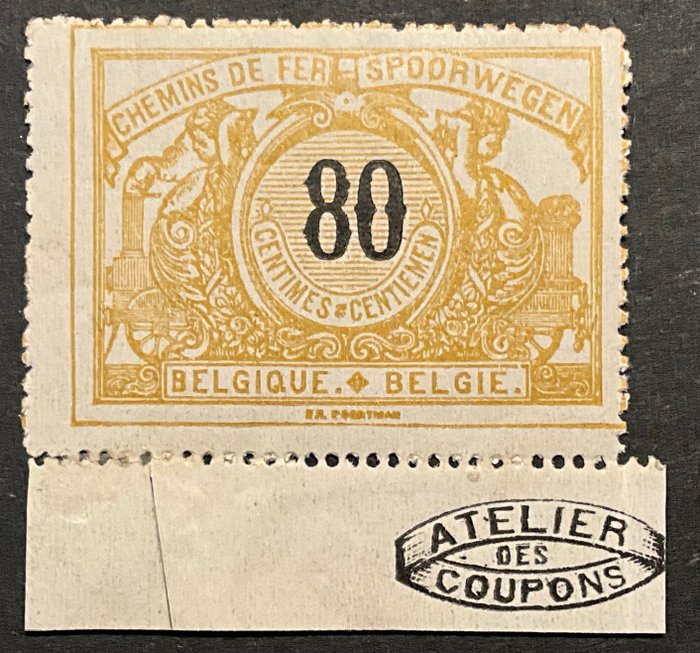 Belgien 1895/1902 - Jernbanefrimærker - Tredje udgave - 80 centimes gule - MNH med påskriften ATELIER - OBP TR24