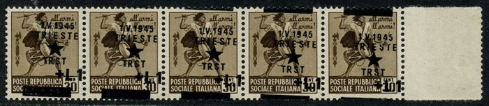 Trieste jugoslaviske besættelse 1945 - Brun tamburin 30 cent med skråt overtryk Strip med 5 eksemplarer Dejlig variation - Sassone N 3i