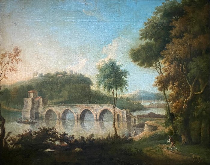 Giuseppe Zais (1709-1781), Scuola di - Paesaggio fluviale con ponte e figure