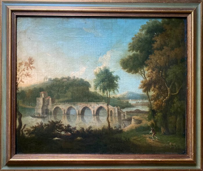 Giuseppe Zais (1709-1781), Scuola di - Paesaggio fluviale con ponte e figure