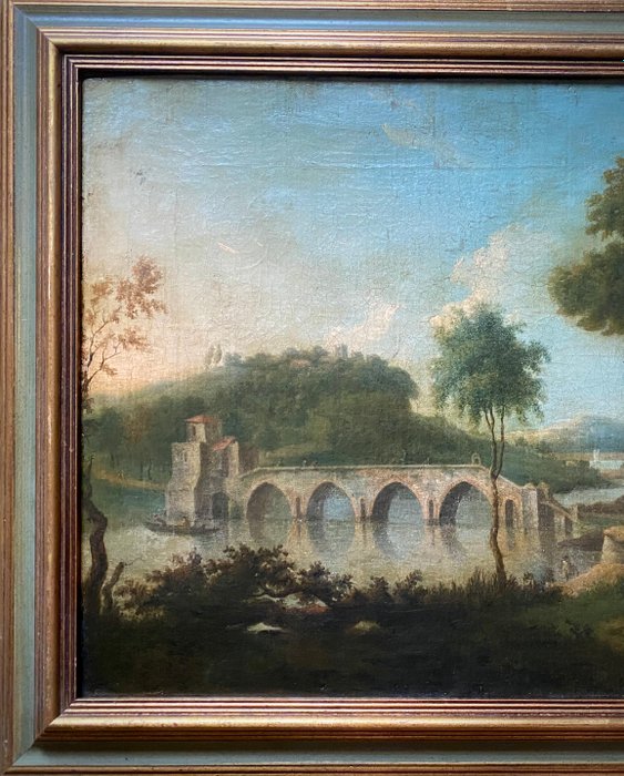 Giuseppe Zais (1709-1781), Scuola di - Paesaggio fluviale con ponte e figure