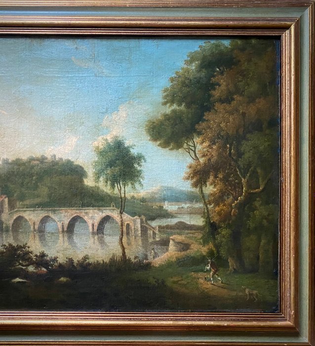 Giuseppe Zais (1709-1781), Scuola di - Paesaggio fluviale con ponte e figure