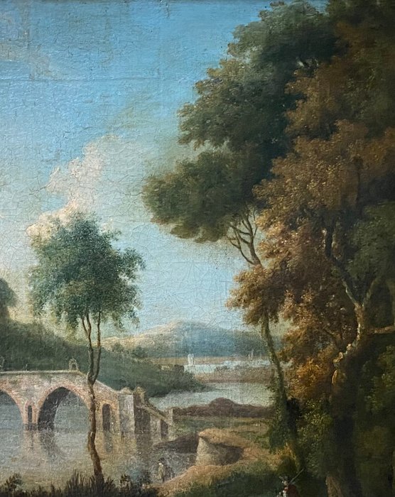 Giuseppe Zais (1709-1781), Scuola di - Paesaggio fluviale con ponte e figure