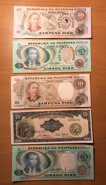 Filippinerne. - 10 x 10, 10, 10, 5, 5 Pesos - various dates (50 banknotes) - Pick 143b, 167, 161b, 149, 136e  (Ingen mindstepris)