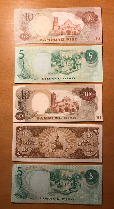 Filippinerne. - 10 x 10, 10, 10, 5, 5 Pesos - various dates (50 banknotes) - Pick 143b, 167, 161b, 149, 136e  (Ingen mindstepris)