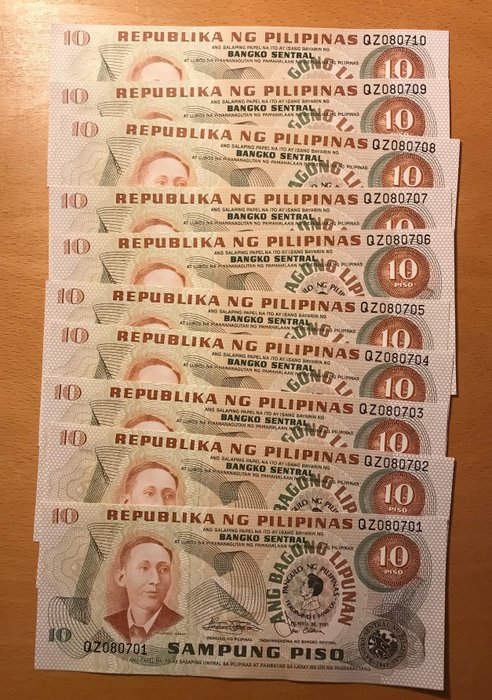 Filippinerne. - 10 x 10, 10, 10, 5, 5 Pesos - various dates (50 banknotes) - Pick 143b, 167, 161b, 149, 136e  (Ingen mindstepris)