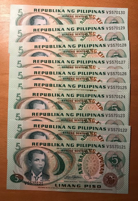 Filippinerne. - 10 x 10, 10, 10, 5, 5 Pesos - various dates (50 banknotes) - Pick 143b, 167, 161b, 149, 136e  (Ingen mindstepris)