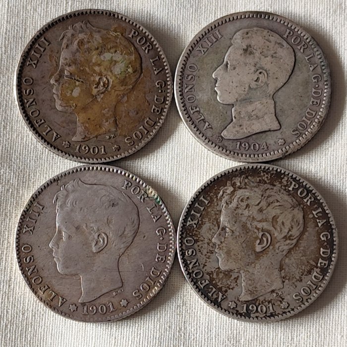 Europa, Spanien og Schweiz. Alfonso XIII (1886-1931). 1 Peseta 1901-1904 1 Franco Suizo 1907-1936  (Ingen mindstepris)