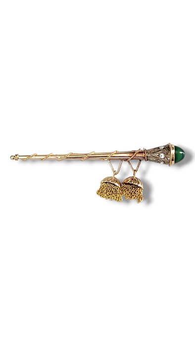 Broche - 14 karat Gulguld Art Deco 14 k guld diamant grøn glas kvast fakkel / scepter bar broche