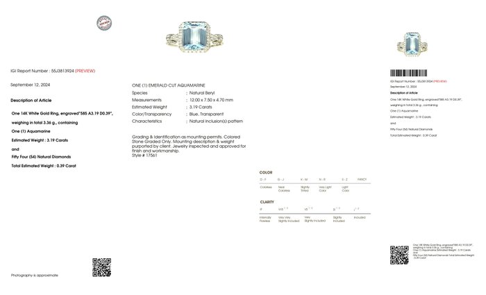 Ingen mindstepris - Ring - 14 karat Hvidguld -  358ct tw Akvamarin - Diamant - IGI 319 ct blå