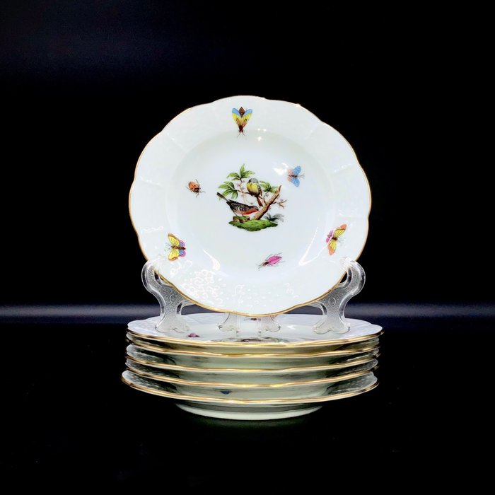 Herend, Hungary - Exquisite Set of 6 Plates (12,5 cm) - "Rothschild Bird" Pattern - Tallerken - Håndmalet porcelæn