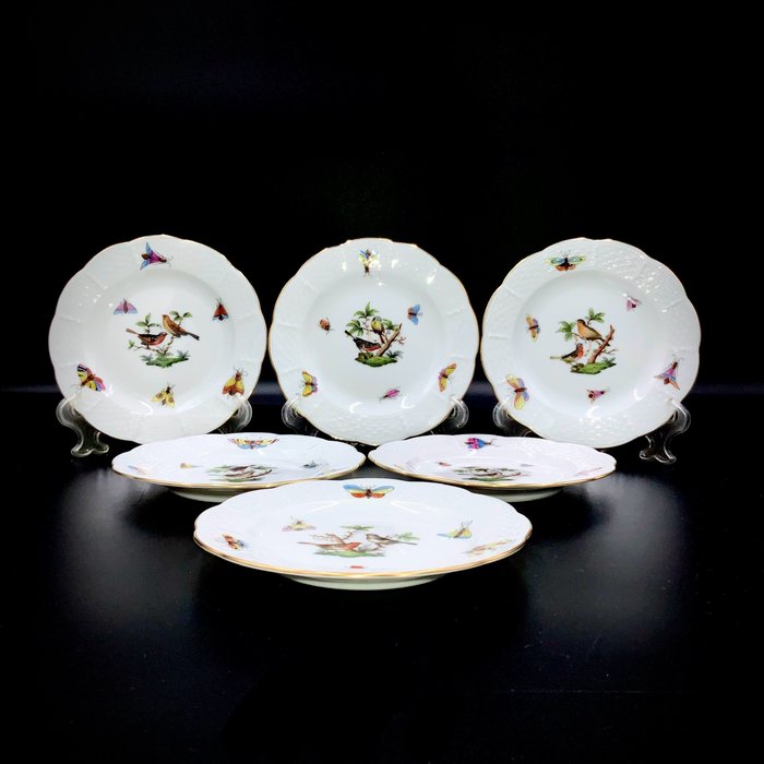 Herend, Hungary - Exquisite Set of 6 Plates (12,5 cm) - "Rothschild Bird" Pattern - Tallerken - Håndmalet porcelæn