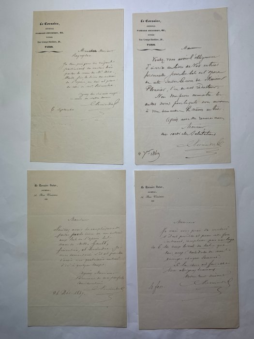 Charles Virmaître (1835-1903)historien, lexicographe et journaliste français. - 4 Lettres autographe signé aux l'Opera/Paris sur papier du Journale "Le Corsaire" - 1850