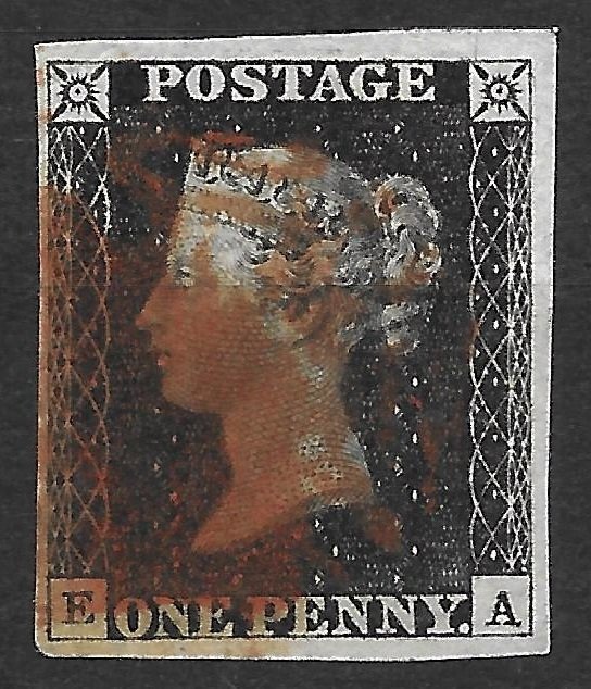 Storbritannien 1840 - One Penny sort, plade 6 med vandmærkebogstaver. Meget sjælden, i fremragende stand. Dr. certifikat - Stanly Gibbons n.2