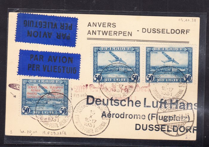 Belgien 1931 - Officielt postkort af Antwerp Antwerpen Dusseldorf Flight med sjældent overtrykt stempel - Michel A1 + sovrastampa