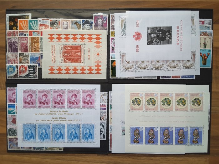 Monaco 1973/1976 - 4 hele år med frimærker med luftpost, souvenirark og forhåndsstemplet - Yvert 916 à 1018 sans les timbres non émis, PA 96 à 99, BF 8 à 12, Préo 34 à 45