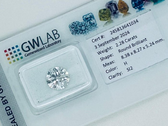 1 pcs Diamant  (Natur)  - 2.28 ct - Rund - H - SI2 - Gemewizard Gemological Laboratory (GWLab)