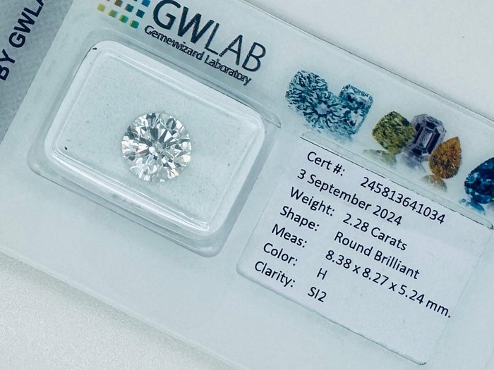 1 pcs Diamant  (Natur)  - 2.28 ct - Rund - H - SI2 - Gemewizard Gemological Laboratory (GWLab)