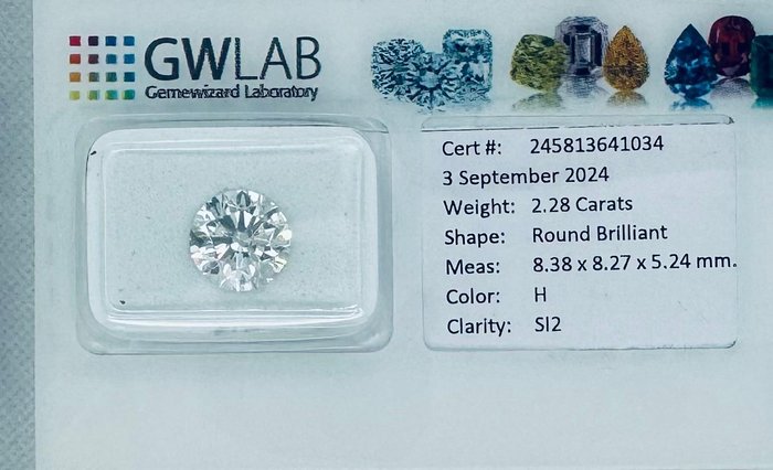 1 pcs Diamant  (Natur)  - 2.28 ct - Rund - H - SI2 - Gemewizard Gemological Laboratory (GWLab)