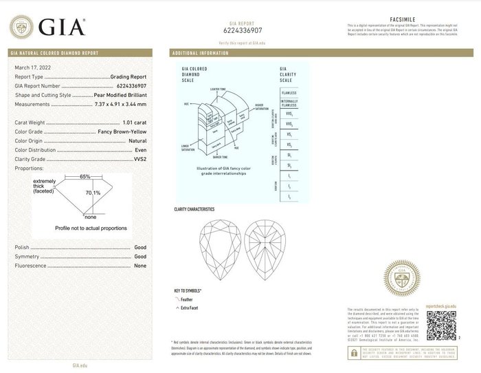 1 pcs Diamant  (Naturfarvet)  - 1.01 ct - Pære - Fancy Brun Gul - VVS2 - Gemological Institute of America (GIA)