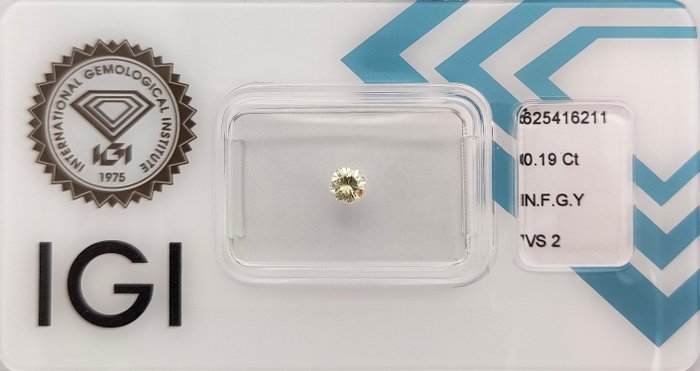 Ingen mindstepris - 1 pcs Diamant  (Naturfarvet)  - 0.19 ct - Rund - Fancy Grønlig Gul - VS2 - International Gemological Institute (IGI)