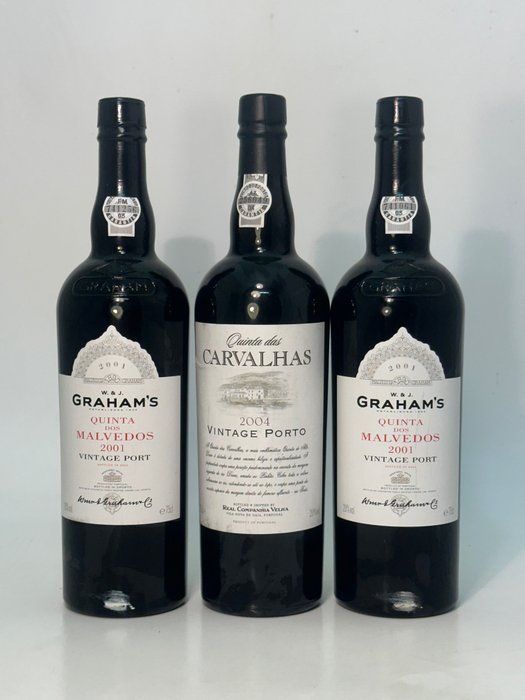 2001 Graham’s Quinta dos Malvedos x 2  2004 Quinta das Carvalhas - Vintage Port -  Douro  - 3 Flasker (0,75 L)