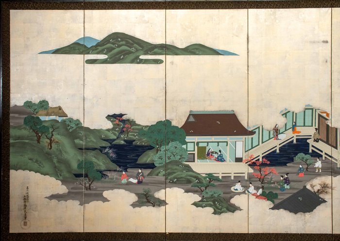 Foldeskærm - En pragtfuld sekspanels Byōbu 屏風 i bladsølv, der skildrer scener fra Tales of Genji - Japan - Edo-periode (anden halvdel af det 18.-begyndelsen af det 19. århundrede)