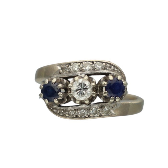 Ring - 14 karat Hvidguld Diamant (Natur)  - Safir