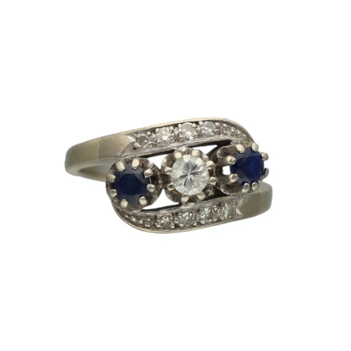 Ring - 14 karat Hvidguld Diamant (Natur)  - Safir