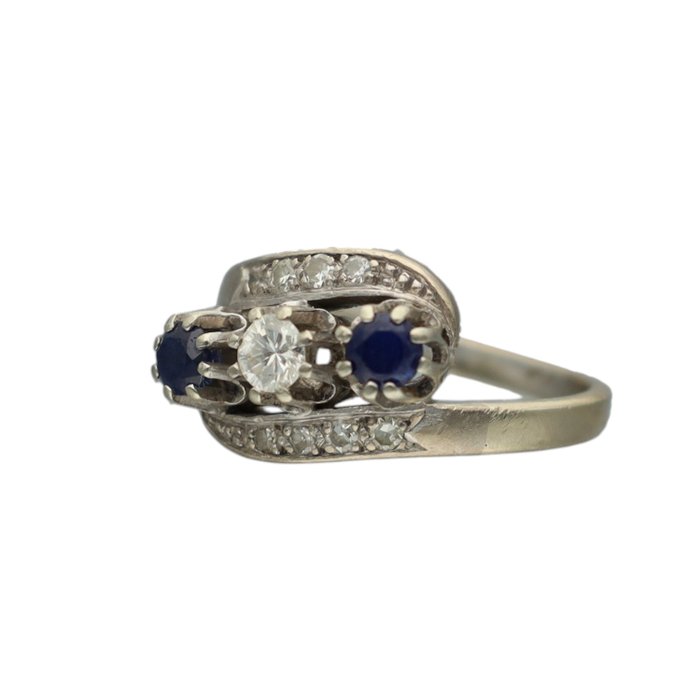 Ring - 14 karat Hvidguld Diamant (Natur)  - Safir