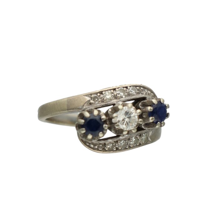 Ring - 14 karat Hvidguld Diamant (Natur)  - Safir