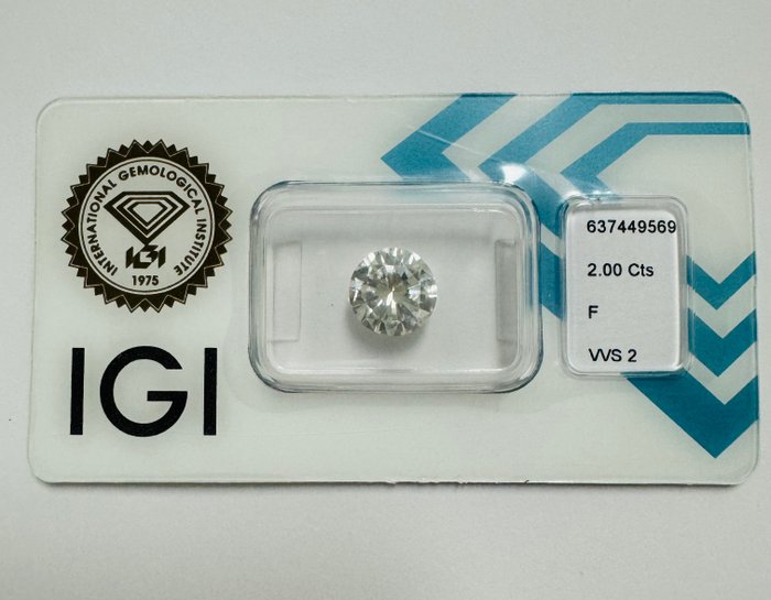 1 pcs Diamant  (Natur)  - 2.00 ct - Rund - F - VVS2 - International Gemological Institute (IGI) - *VG Ingen*