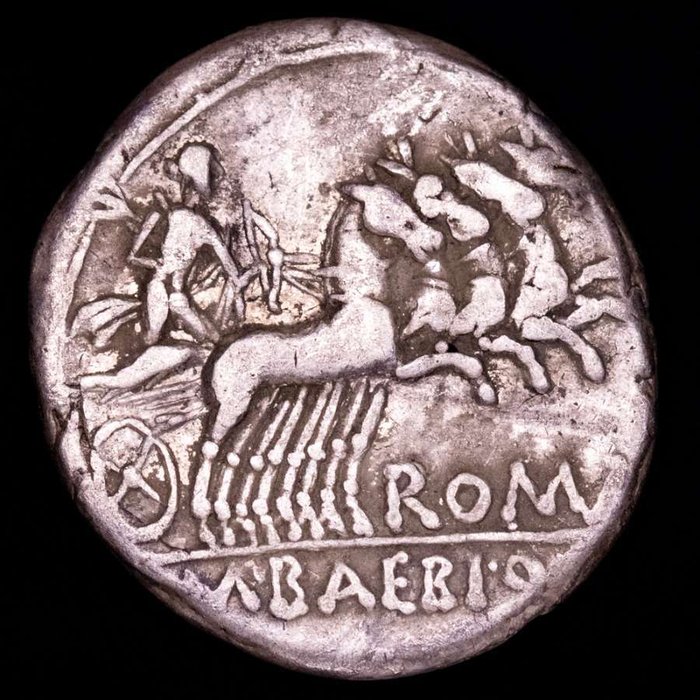 Romerska republiken. M. Baebius Q. f. Tampilus. Denarius Rome mint. Apollo in quadriga right holding bow and arrow, reins  branch; ROMA below, M BAEBI Q F  (Ingen mindstepris)