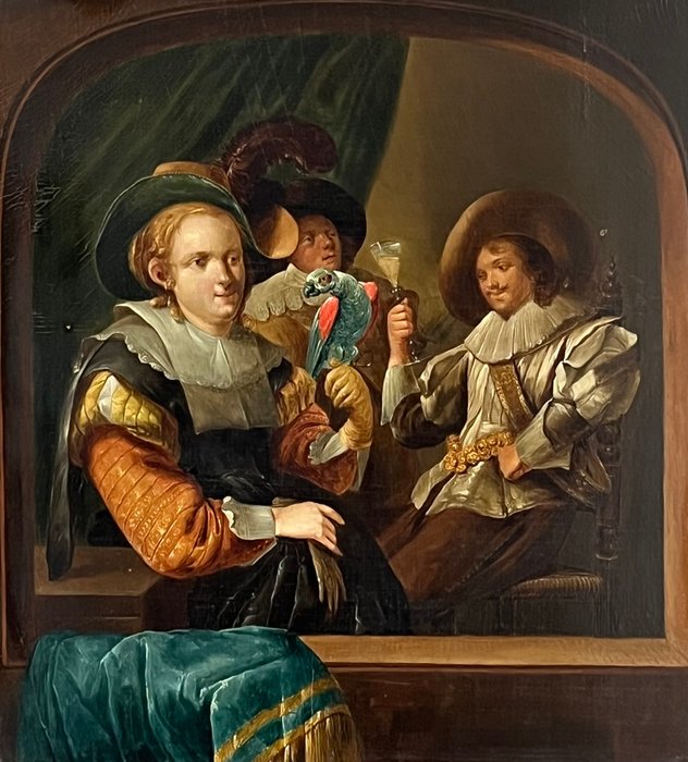 Johan Le Ducq (XIX) after - Figures in an interior with parrot