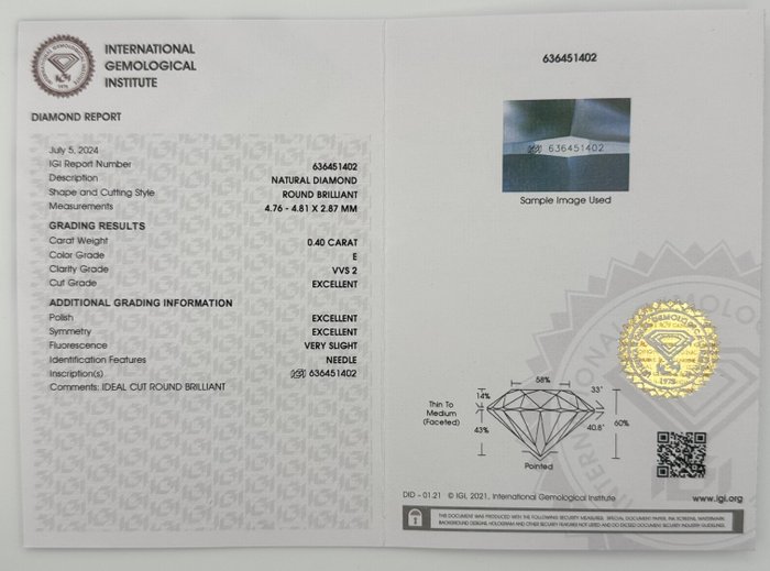 1 pcs Diamant  (Natur)  - 040 ct - Rund - E - VVS2 - International Gemological Institute (IGI) - *3EX* *IDEAL*