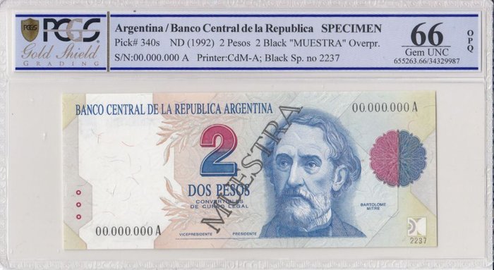 Argentina. - 2 Pesos - ND (1992) - Specimen - Pick 340s