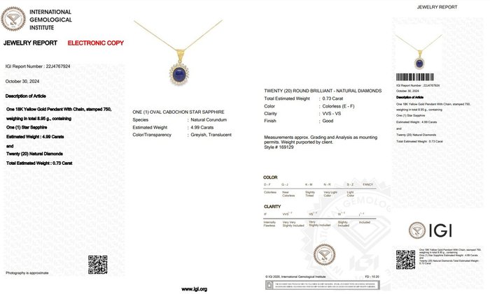 Halskæde med vedhæng - 18 kraat Gulguld -  5.72ct. tw. Stjernesafir - Diamant - Sjælden stjerne safir