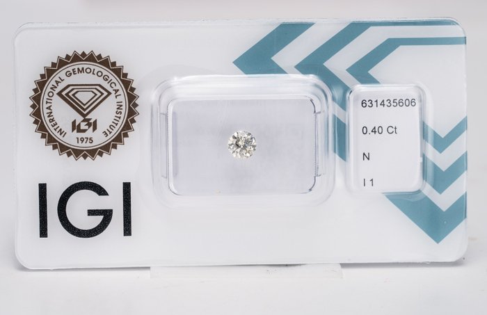 1 pcs Diamant  (Natur)  - 040 ct - Rund - N (tonet) - I1 - International Gemological Institute (IGI) - Meget lys gul