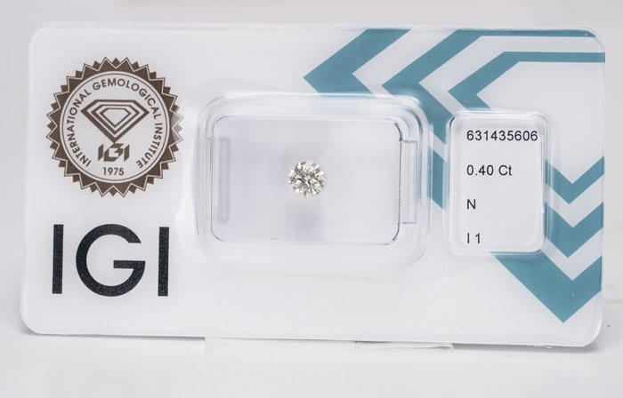 1 pcs Diamant  (Natur)  - 040 ct - Rund - N (tonet) - I1 - International Gemological Institute (IGI) - Meget lys gul