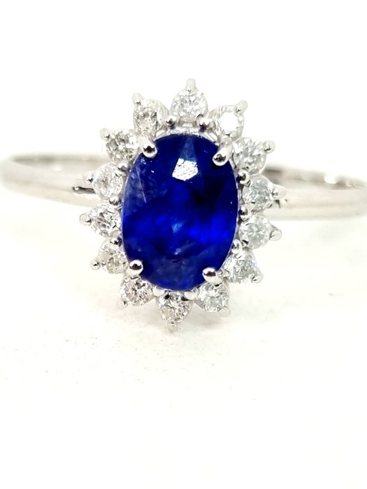 Ring - 18 kraat Hvidguld Safir - Diamant