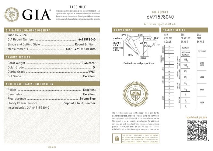 Ingen mindstepris - 1 pcs Diamant  (Natur)  - 0.44 ct - Rund - D (farveløs) - VVS1 - Gemological Institute of America (GIA) - Ex Ex Ex