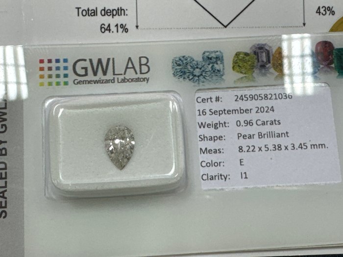 Ingen mindstepris - 1 pcs Diamant  (Natur)  - 0.96 ct - Pære - E - I1 - Gemewizard Gemological Laboratory (GWLab)