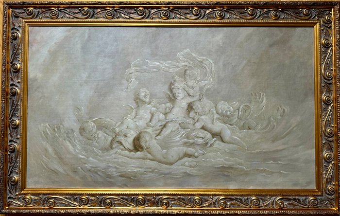 Piat Joseph Sauvage (1744–1818), Workshop of - Un bas-relief en trompe l'oeil représentant des Putti jouant avec une créature marine en grisaille