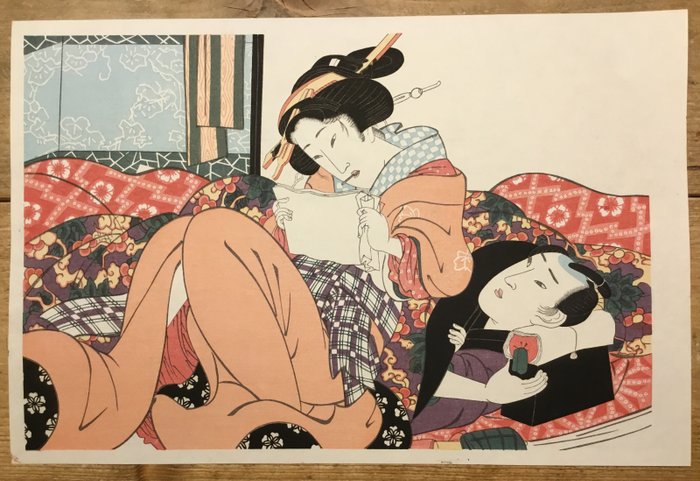 Twee mooie Japanse kleuren houtblok prenten van twee geliefden - Keisai Eisen (1790-1848) - Japan