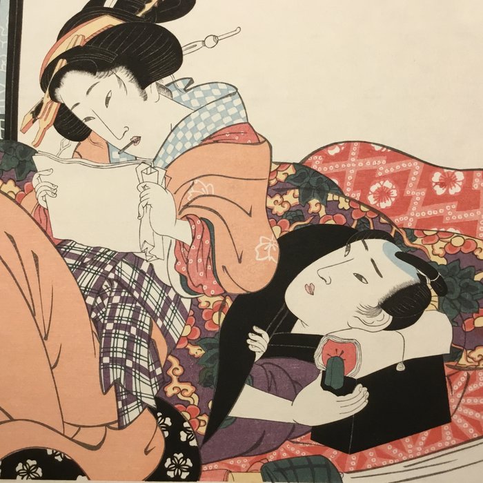 Twee mooie Japanse kleuren houtblok prenten van twee geliefden - Keisai Eisen (1790-1848) - Japan