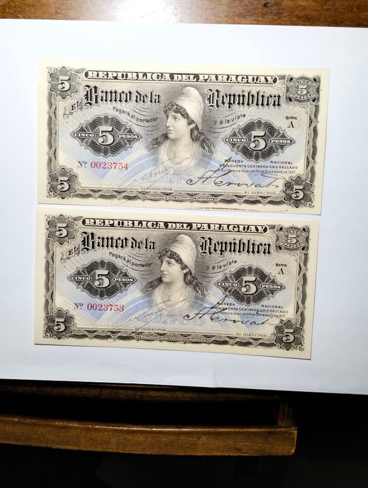 Uruguay. - 2 x 5 Pesos L.1907 - Pick 156 - consecutive  (Ingen mindstepris)