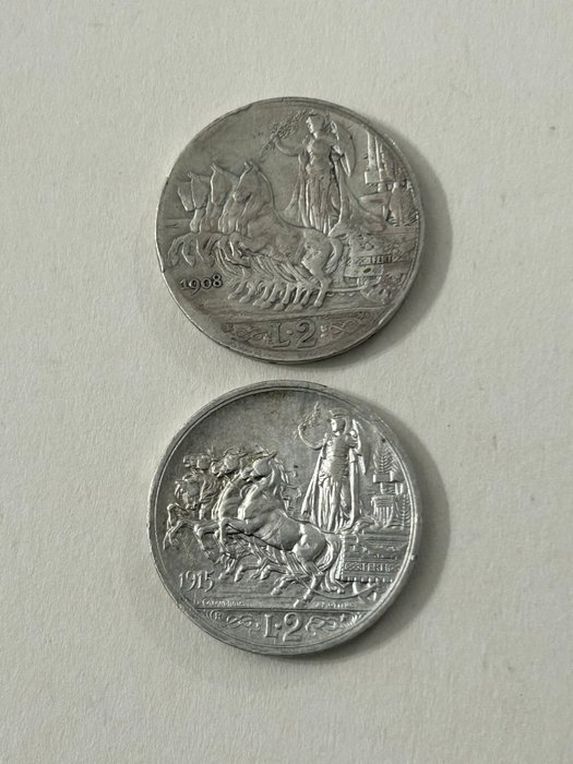 Italien, Kongerig Vittorio Emanuele III. 2 Lire “Quadriga” 1908/1917 (10 monete)  (Ingen mindstepris)