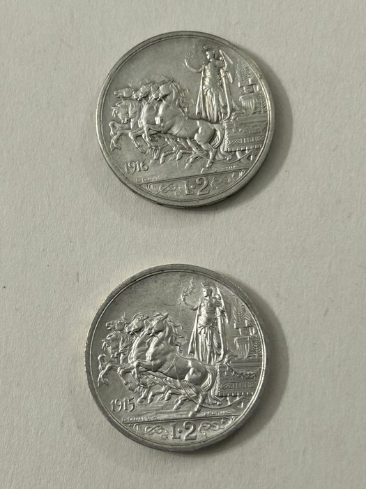 Italien, Kongerig Vittorio Emanuele III. 2 Lire “Quadriga” 1908/1917 (10 monete)  (Ingen mindstepris)