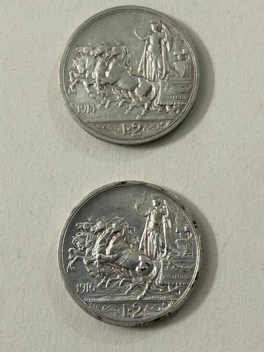 Italien, Kongerig Vittorio Emanuele III. 2 Lire “Quadriga” 1908/1917 (10 monete)  (Ingen mindstepris)