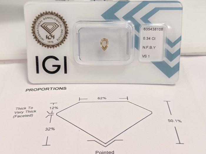 Ingen mindstepris - 1 pcs Diamant  (Naturfarvet)  - 0.34 ct - Pære - Fancy Brun Gul - VS1 - International Gemological Institute (IGI) - IGI